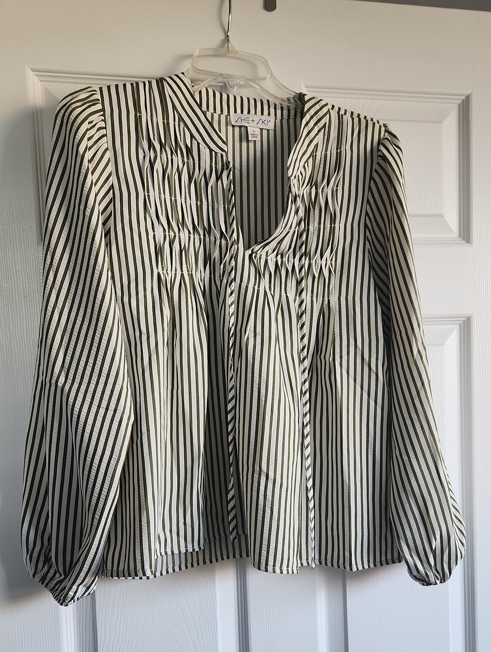 She + Sky Black & White Vertical Stripe Peasant Blouse